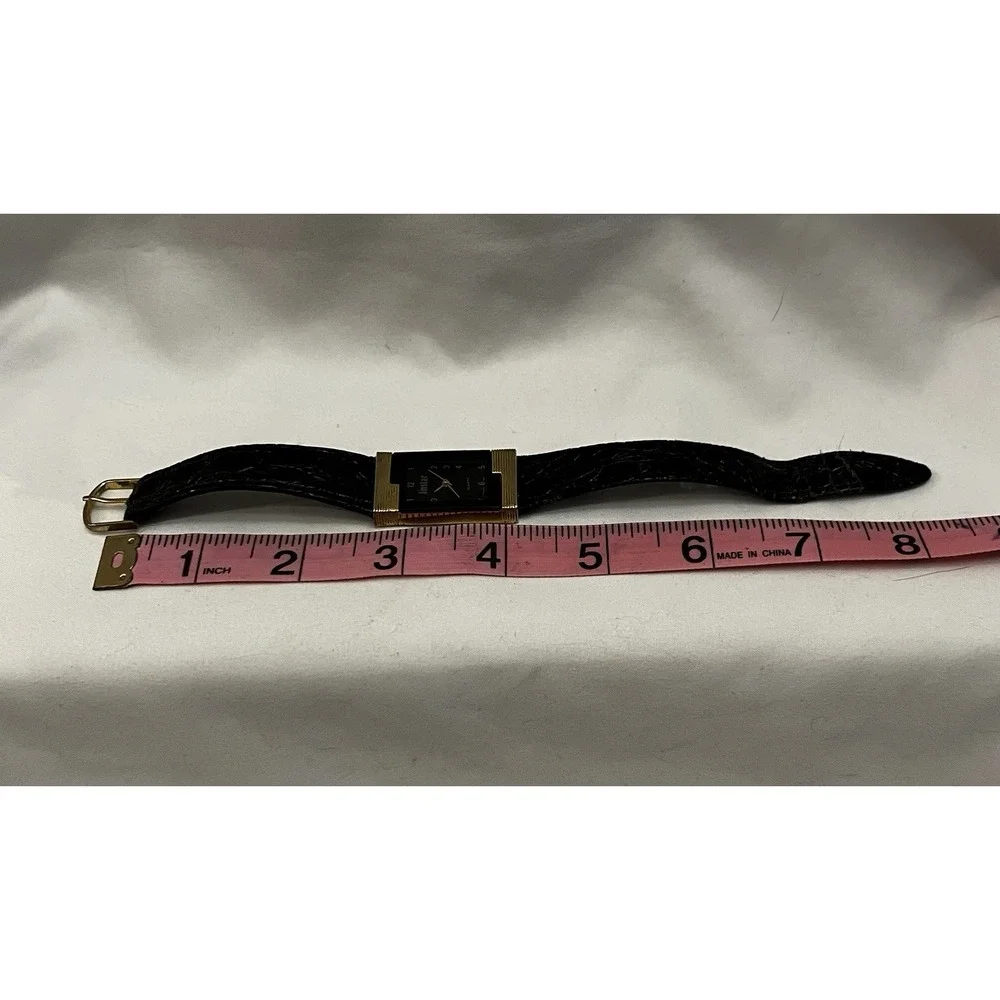 Amstar VTG Gold Tone Watch Face Black Leather Embossed Band Art Deco Retro Works